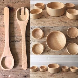 Vintage Handmade 7-Piece Wood Wooden MCM Beechwood Salad Bowl Serving Set